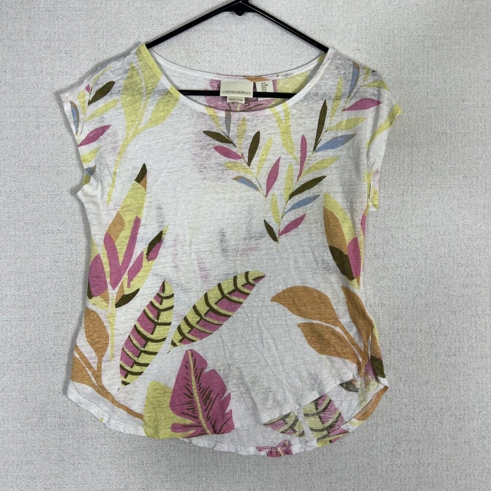 Cynthia Rowley Linen Floral Print Top Womens Medium Cap Sleeve
